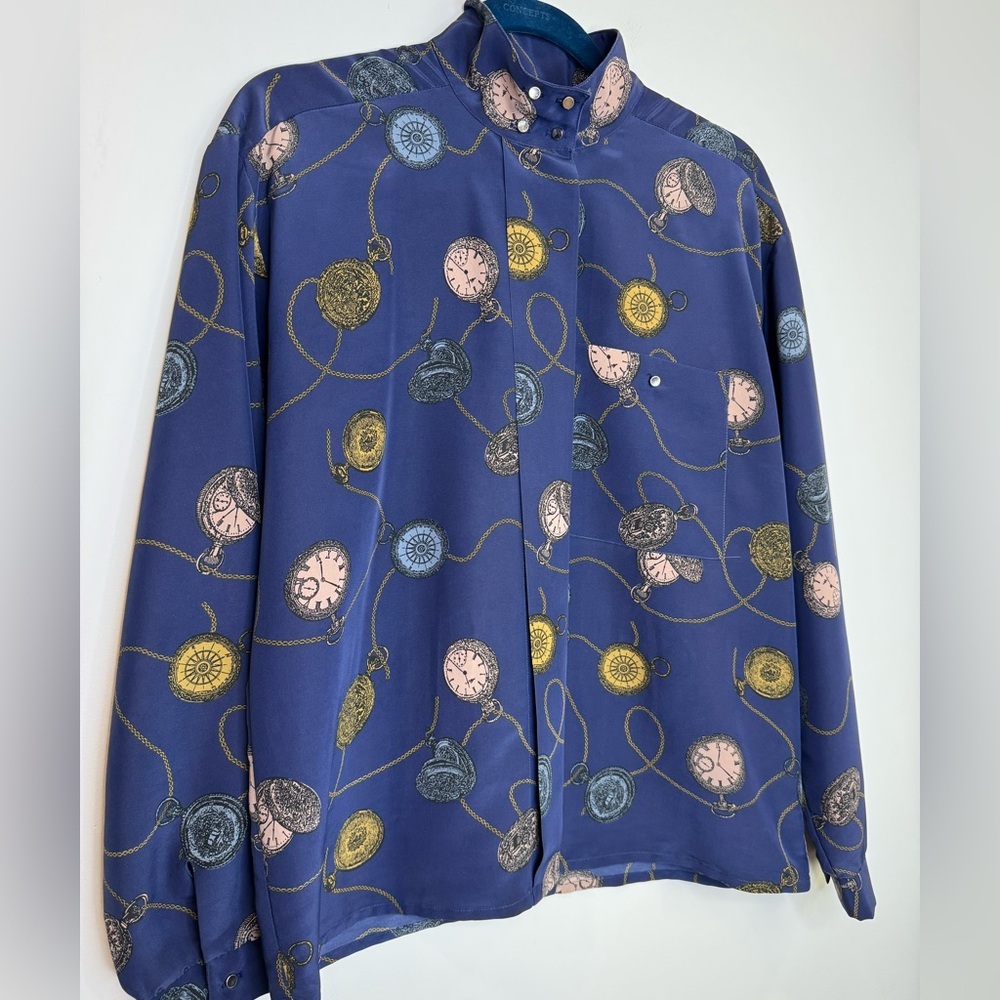 Vintage purple Button-Up Shirt with Clock Pattern novelty size 12 artsy quirky - Picture 3 of 11